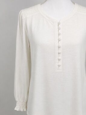 J. Jill Cream Long-Sleeve Button Henley with Smocked Cuffs